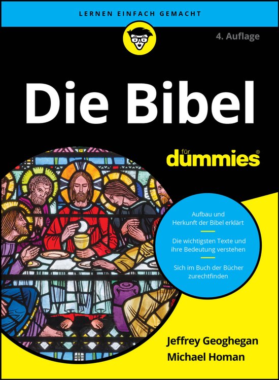 Boek "Die Bibel für Dummies" met een illustratie van een glas-in-loodraam met Bijbelse figuren.