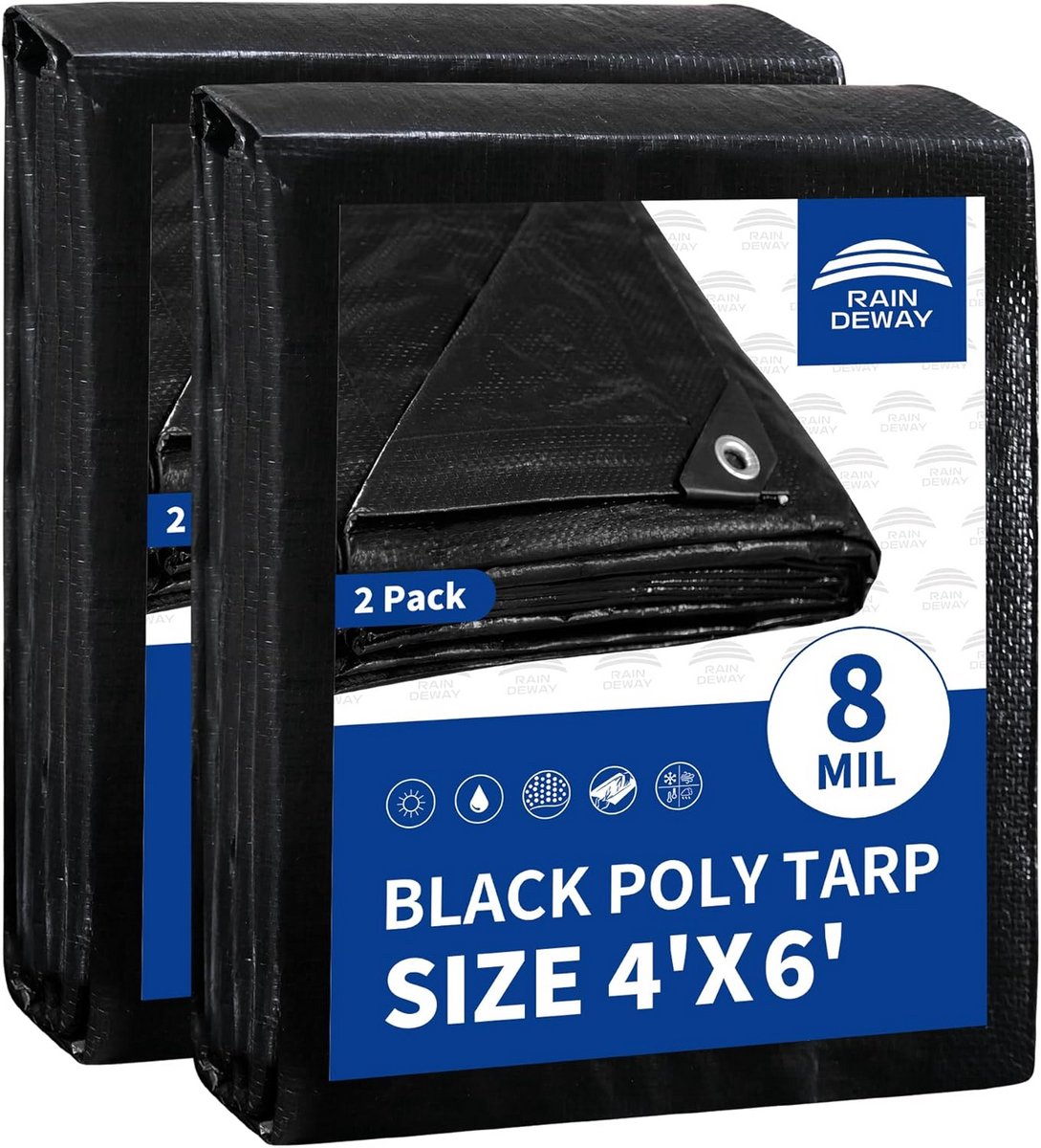 2x Zwarte Dekzeilen 3x3m - Waterdicht en UV-Bestendig - Medium Duty Poly Zeil met Grommets