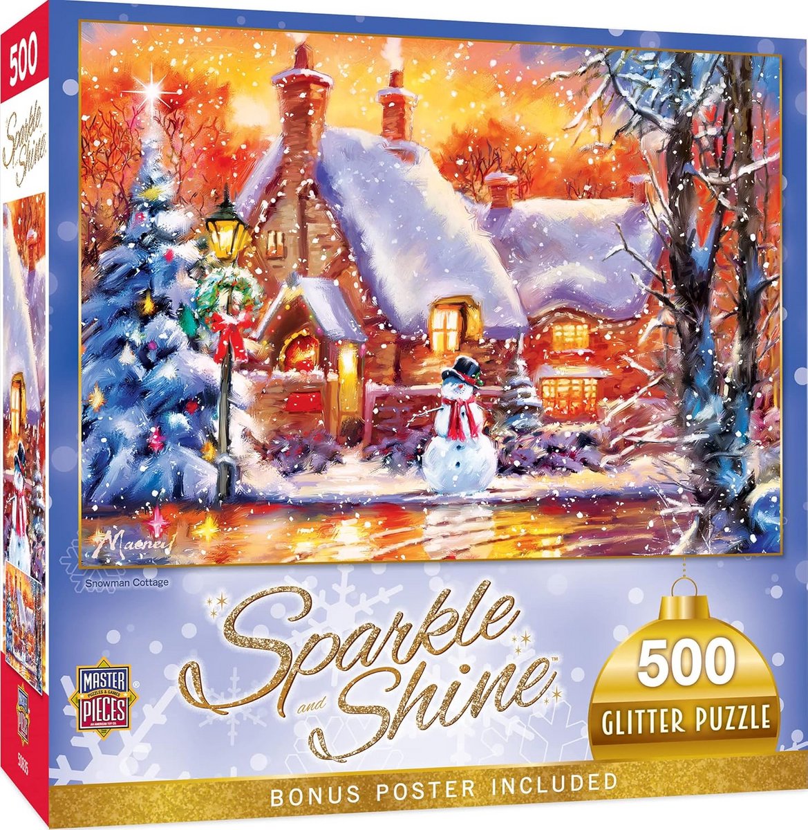 500 Stuks Glitter Kerst Puzzel Sneeuwpop Cottage - Grote Puzzel 38x53 cm