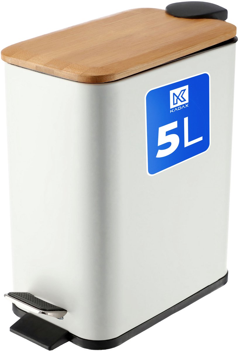 KADAX Afvalemmer van gepoedercoat staal, emmer met bak en voetpedaal, afvalemmer met softclosemechanisme, vuilnisemmer met bamboedeksel (5 l, wit, rechthoekig)