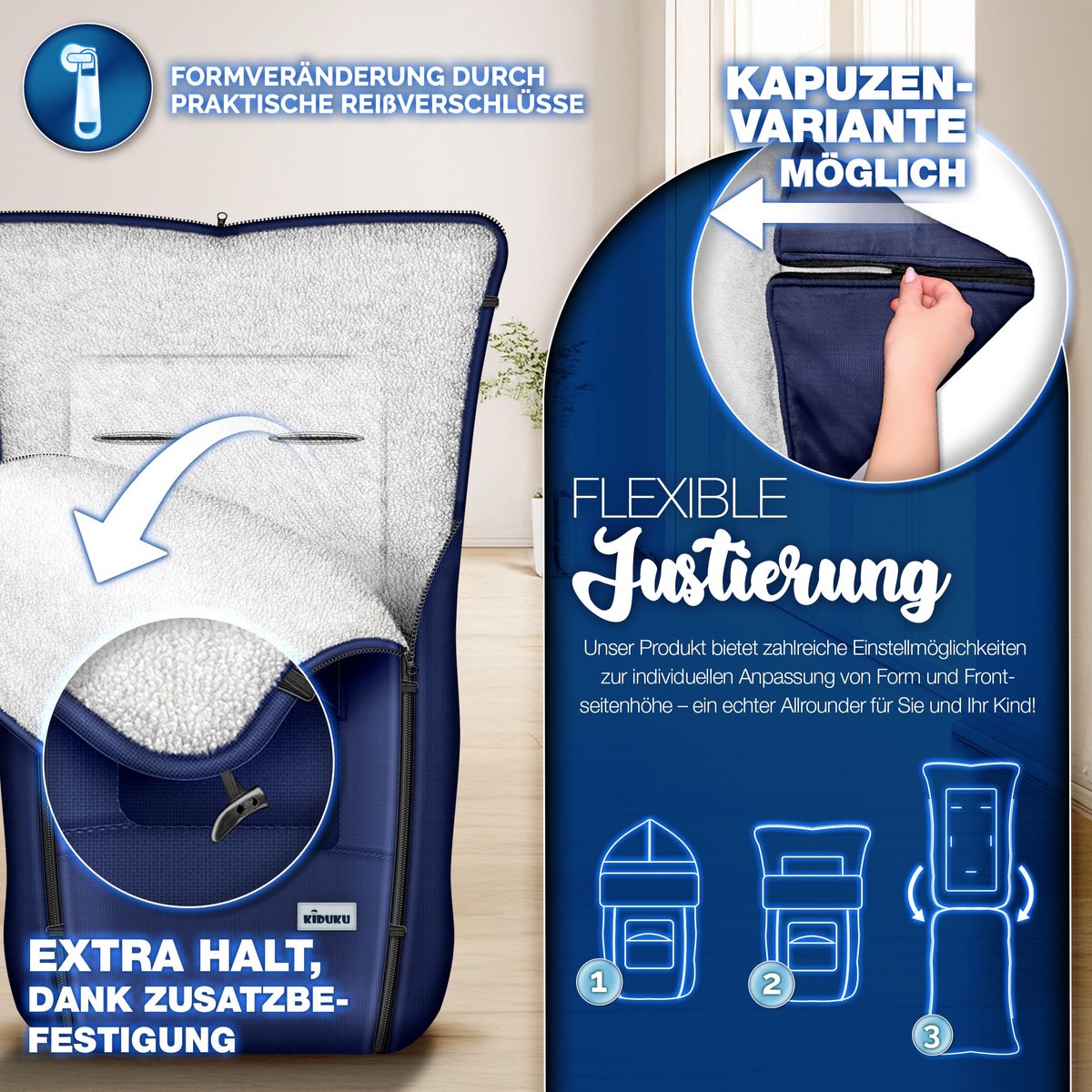 KIDUKU Wintervoetenzak voor kinderwagen buggy - Babyvoetenzak wasbaar | Voetenzak babyschaal met ritssluiting & tas, blauw, 1 Unità (Confezione da 1), blauw