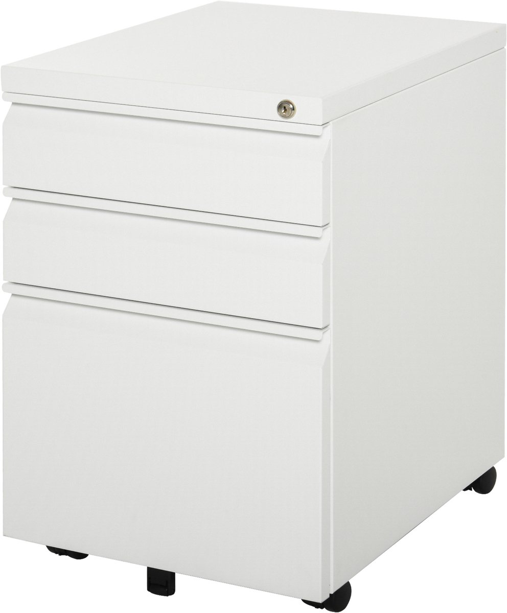 Ladeblok met Slot - Archiefkast op Wielen - Lades voor Hangmappen - Kantoorkast van Staal -39 x 48 x 60 cm - Wit