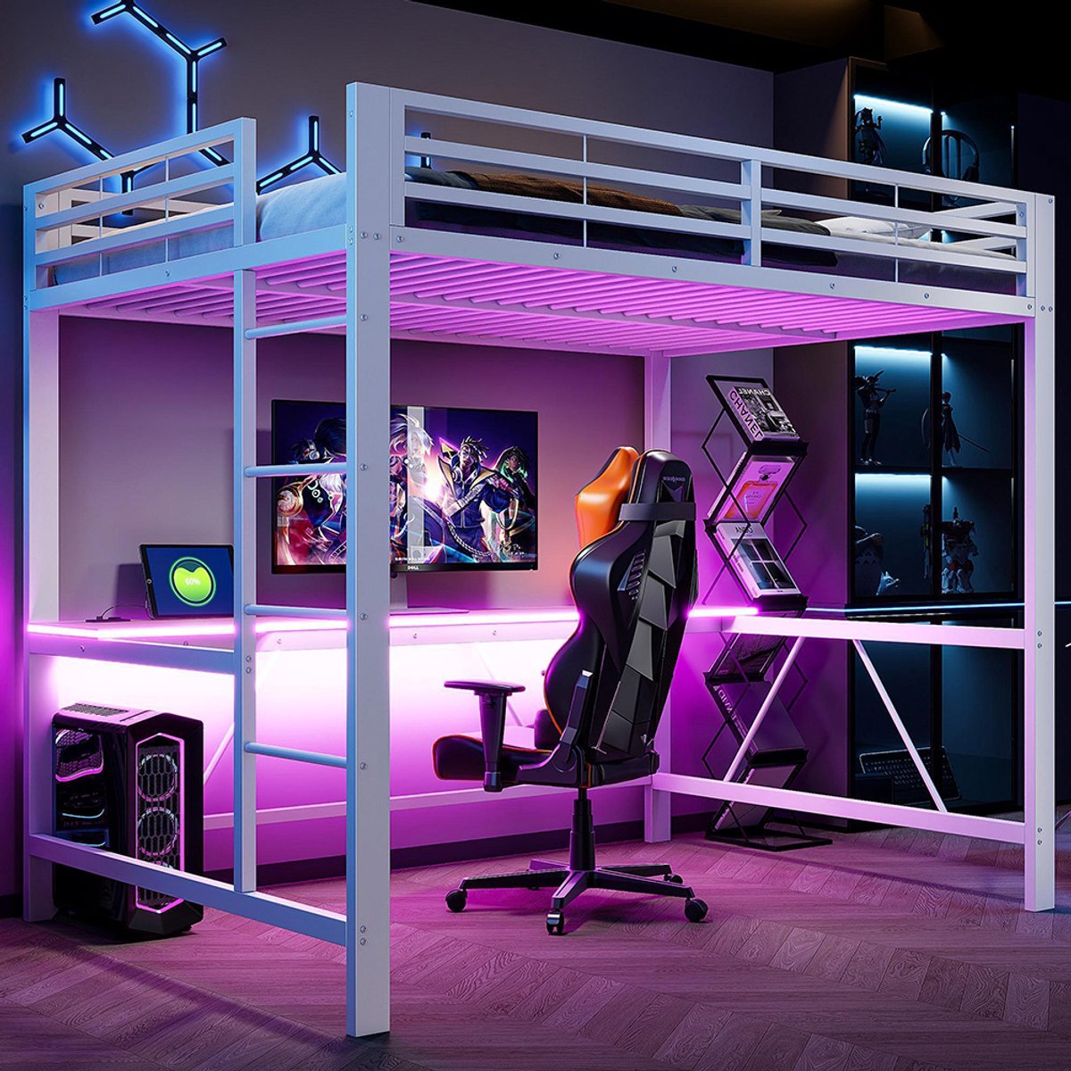 KOMHTOM BLACKCOLORS Metalen gaming mezzanine bedframe 140 x 200 cm met LED-verlichting, USB-oplaadstation en bureau, wit