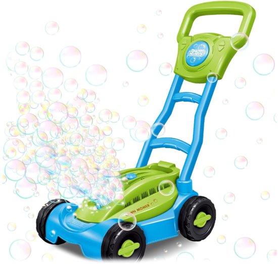 Une machine à bulles verte et bleue avec de grandes roues et une poignée. De nombreuses bulles en sortent.