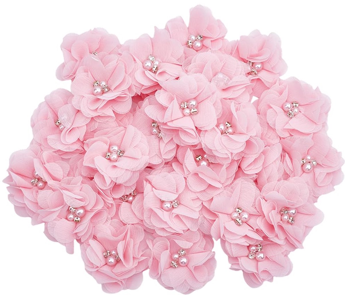 Roze Chiffon Bloemenapplicaties - 30 Stuks - Voor Kleding en Haaraccessoires