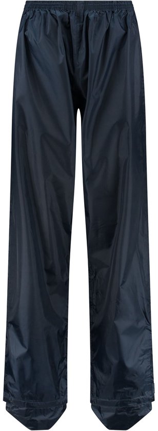 Donkerblauwe regenbroek met elastische tailleband en schoenbeschermers.