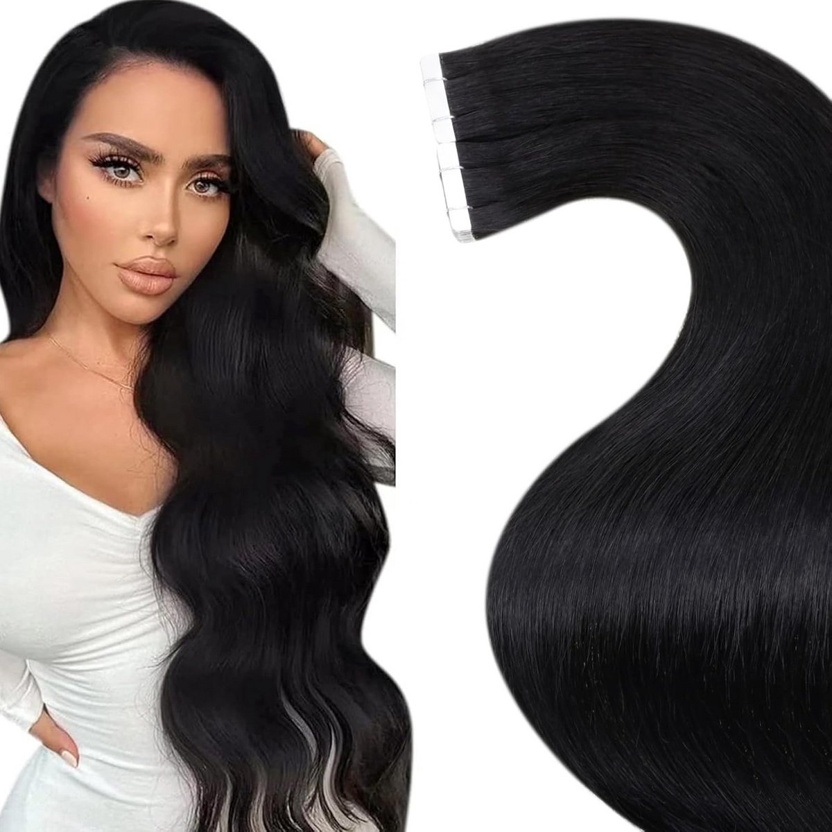 Tape in Haarverlenging Echt Menselijk Haar Zwart 50cm