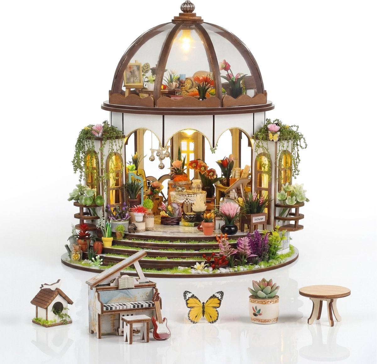 Miniatuur Bouwpakket M Botanisch Paradijs - 405 Onderdelen - 60 Uren Bouwplezier - LED Verlichting - Volwassenen & Kinderen - 3D Puzzel - Houten Poppenhuis - Knutselen - Hobby - Jongens / Meisjes - DIY Modelbouw - Crafts&Co