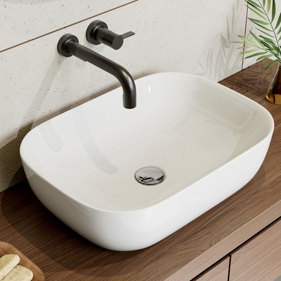 HOROW Vasque à poser - Céramique - Vasque ovale brillant blanc - 46x33x13.5 cm - Lavabo de salle de bain - céramique - blanc