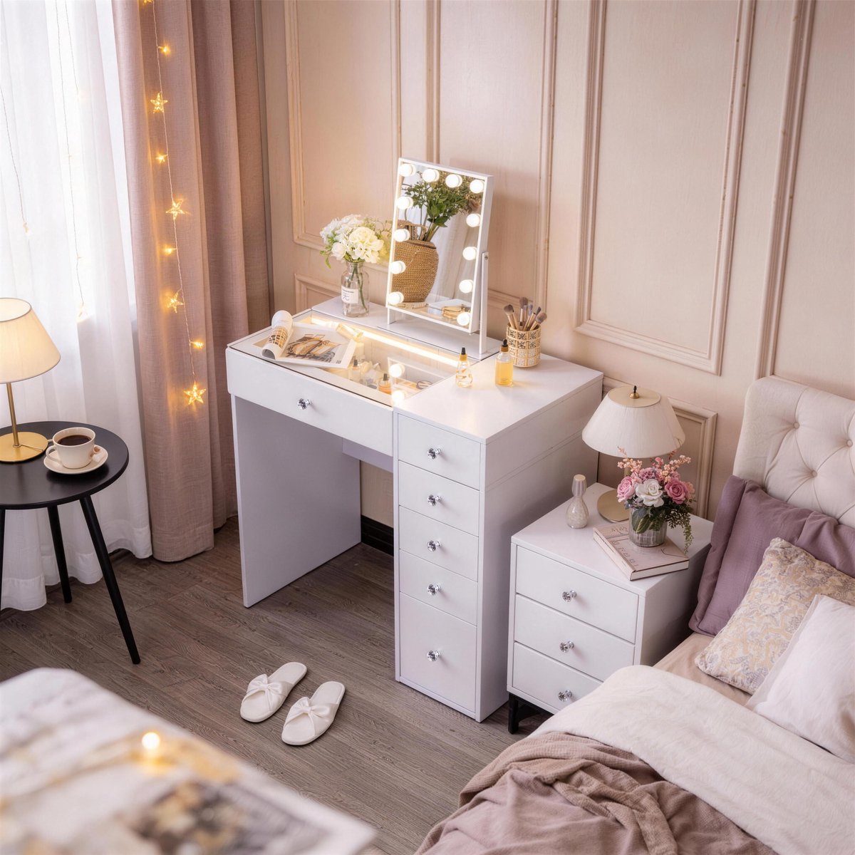 VANITII Klassieke luxe makeup-tafel - Driekleurige verstelbare verlichting - Zes lades - Make-upspiegel(30x41cm) - Modieuze kaptafel - Wit