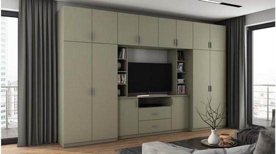 Moderne 8-delige kastwand in eucalyptuskleur, met een ingebouwde tv-nis, kledingkasten en open vakken.