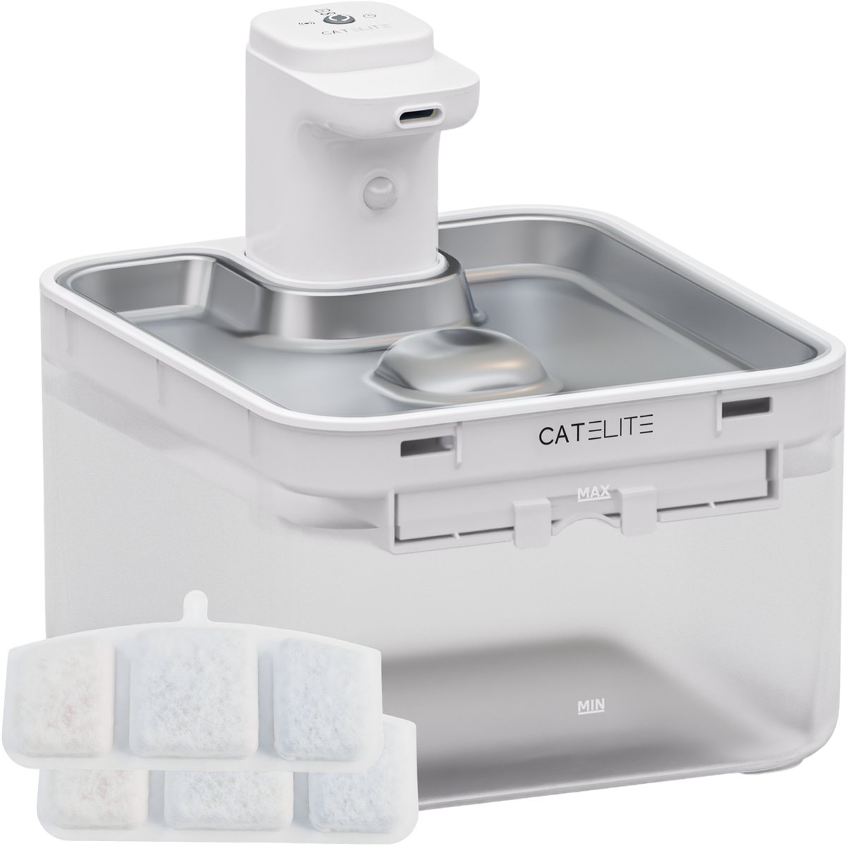 CatElite® - Draadloze Drinkfontein Kat RVS | Wave - Waterdispenser met Sensor & Accu - Incl. 2 Filters - 2.5L Waterfontein Kat - Kattenfontein - Fluisterstil - Wit - Upgraded Version