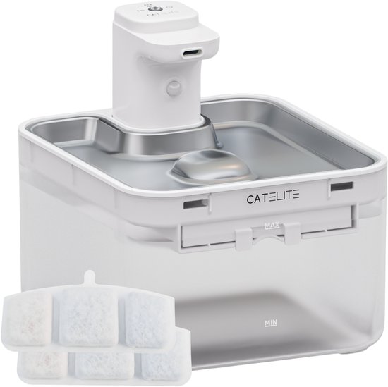 CatElite® - Draadloze Drinkfontein Kat RVS | Wave - Waterdispenser met Sensor & Accu - Incl. 2 Filters - 2.5L Waterfontein Kat - Kattenfontein - Fluisterstil - Wit - Upgraded Version