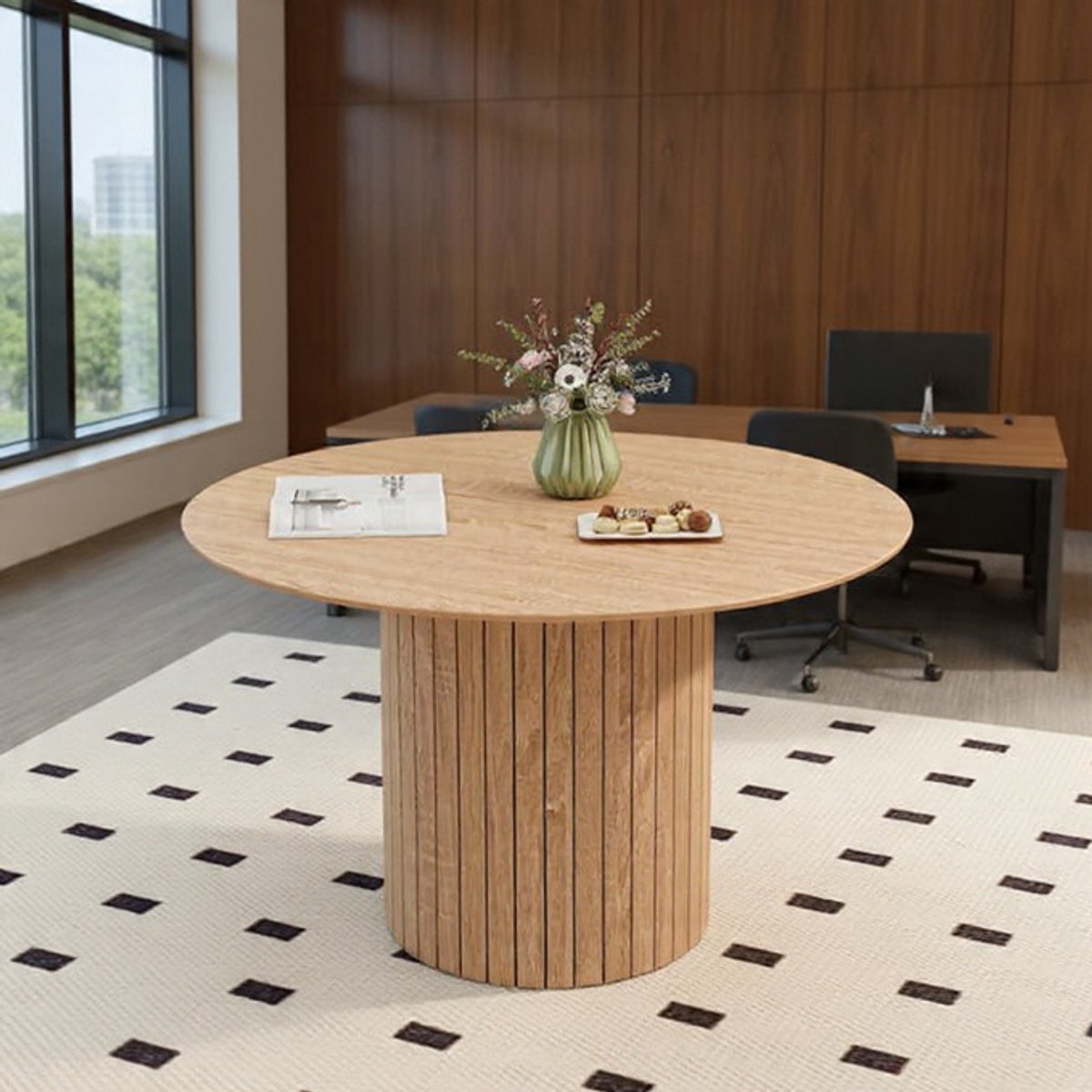 Ronde Eettafel Nivara - 120 cm - Moderne Wabi Sabi Stijl - Lichtbruine Houtnerf - Cilindrische Basis - Design Eettafel voor Woonkamer en Keuken-Casa Serena – 120 cm – Casa Dorada