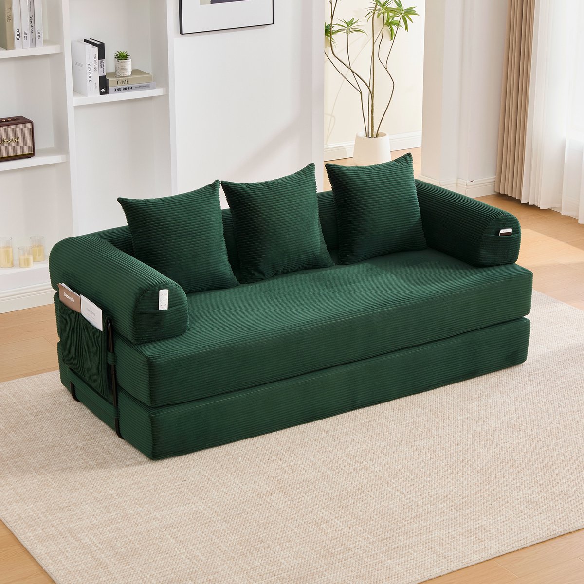 3-Zits Bank Opvouwbare Compressiebank met Stevig Metalen Frame, Zijvakken en 3 Kussens. Individuele Loungelandschappen Kunnen vrij Worden Vormgegeven. Moderne Metaal-Stofcombinatie - Ideaal voor in de Woonkamer. Groente