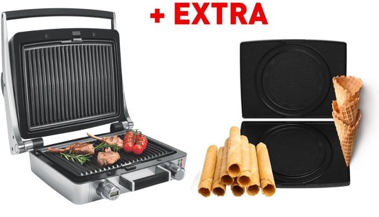 Zilveren grillplaat met vlees en tomaten, plus twee ronde bakplaten, wafelhoorns en de tekst '+ EXTRA' in rood.