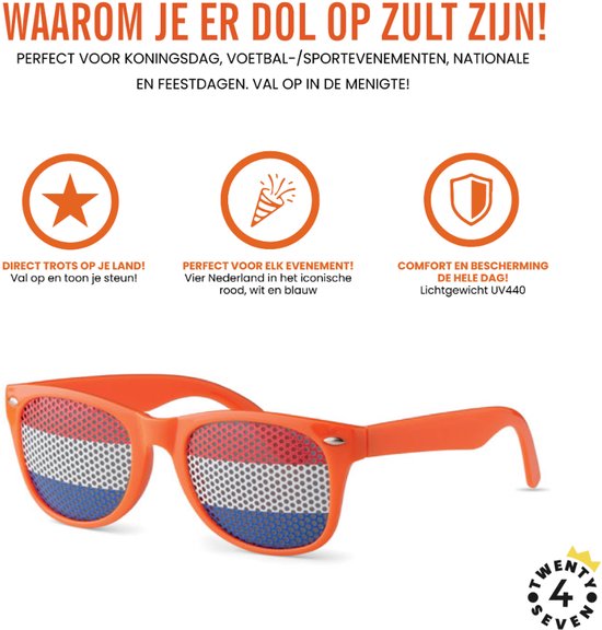 Oranje zonnebril met Nederlandse vlagprint. Iconen voor trots, feest, comfort en bescherming. Lichtgewicht UV440.