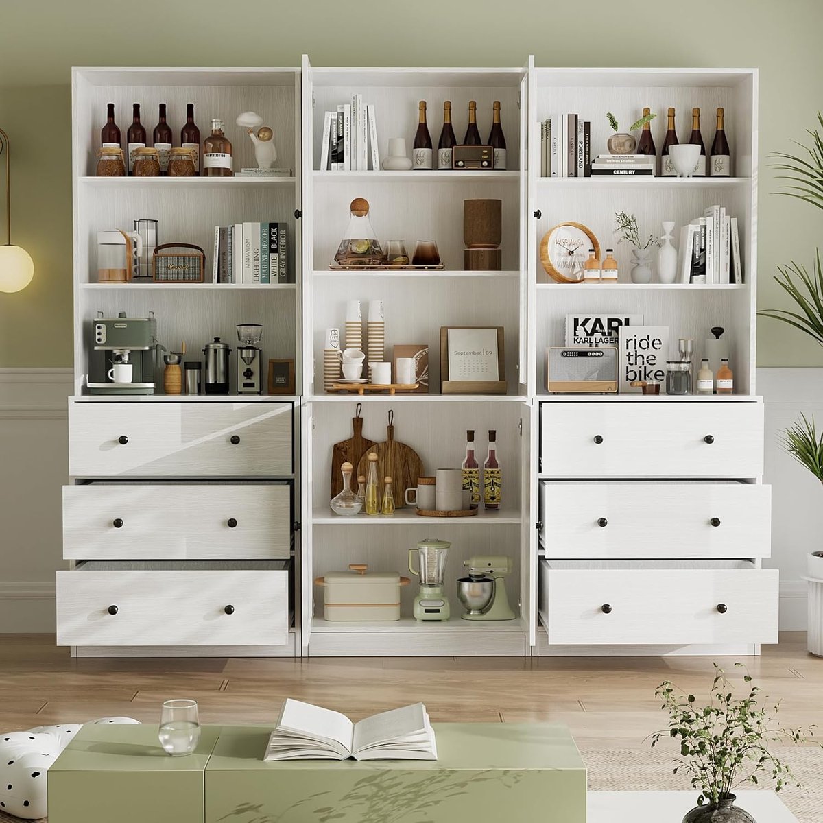 Vitrinekast met Glazen Deuren 180 cm – 5 Verdiepingen Boekenkast, Keukenkast en Hoge Kast met Laden en Open Planken, Wit, 39,9 x 240 x 180 cm – ABKANTOOR