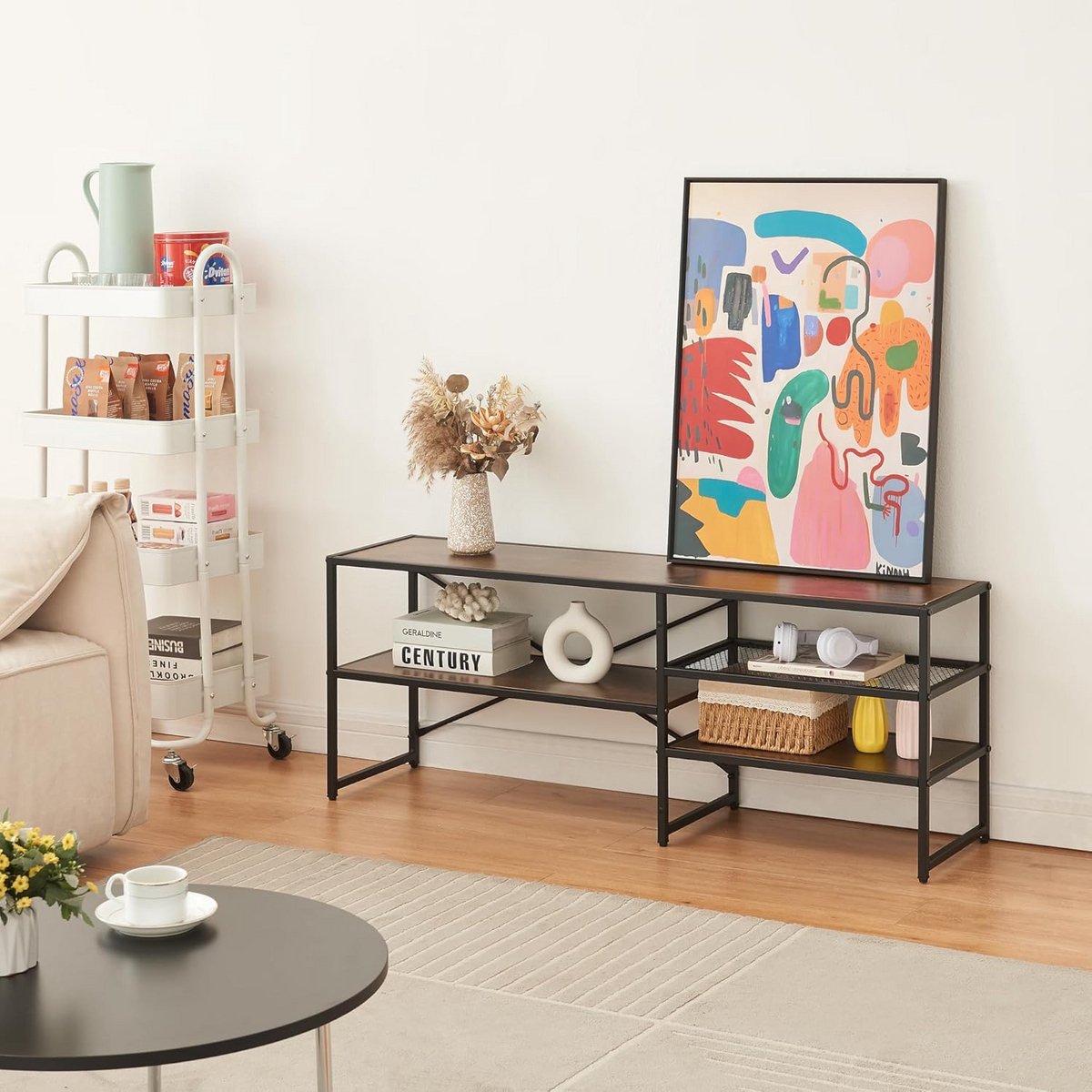 Stijlvol Laag TV Meubel met 3 Open Planken 120x30x46 cm Walnoot-Look en Zwart Metalen Frame