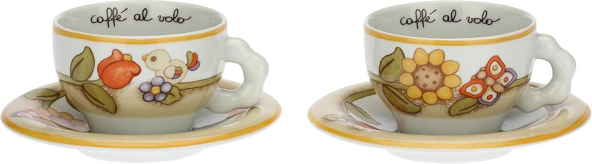 Set van 2 Koffiekopjes met Bloemen Vlinder en Vogel