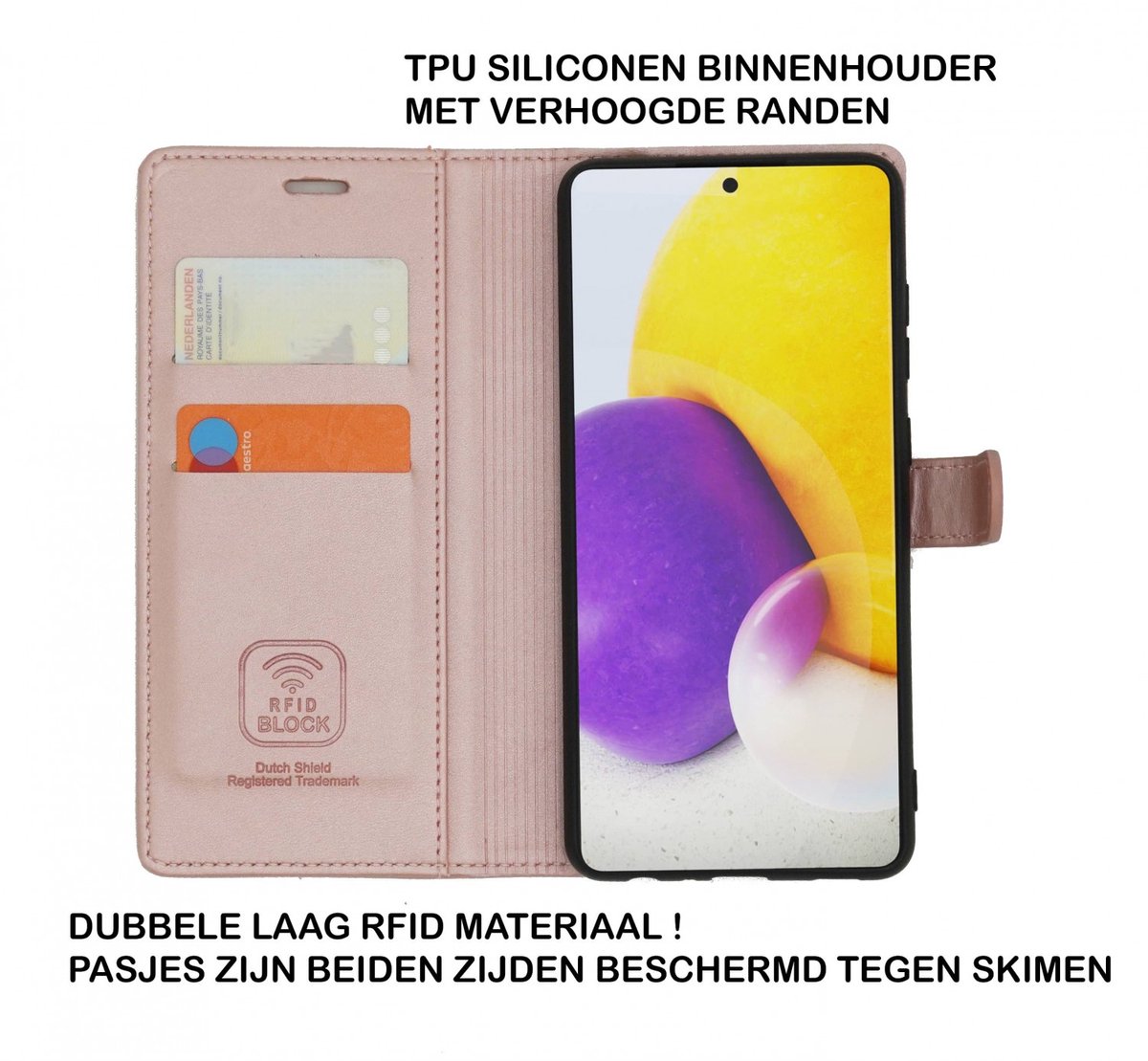 Hoesje Geschikt voor Samsung A72 met Anti Skim Bescherming - Bookcase RFID Beschermd Cover - Roze - Luxe Telefoonhoesje Wallet Case Pasjeshouder PU Leder