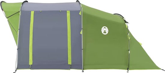 Zij-aanzicht van de groene en grijze familietent met limegroene biezen en een uitgebouwde zijkant.
