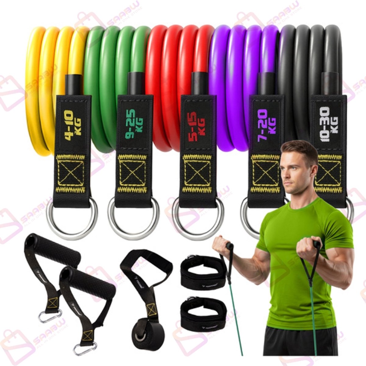 Resistance Bands Set 11-delig – Weerstandsbanden 4-30 kg – Inclusief Handgrepen, Enkelbanden en Deuranker – Fitness Elastieken voor Thuis en Sportschool – 56575