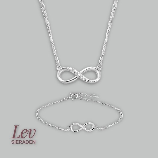 Lev Sieraden - Ketting & Armband SET - Figaro Infinity ∞ - Zirkonia - Zilver - 41 + 4 cm - 1.6mm - Gerhodineerd 925 zilver