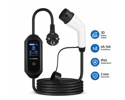 EnjoyGoods® Auto Laadkabel – Mobiele Thuislader 3.7 kW – Type 2 naar Schuko – IP65 waterdicht – 10m TPU kabel – 6A‑16A Instelbaar – Timer & Memory – 2 jaar garantie – 1‑Fase EV Laadkabel