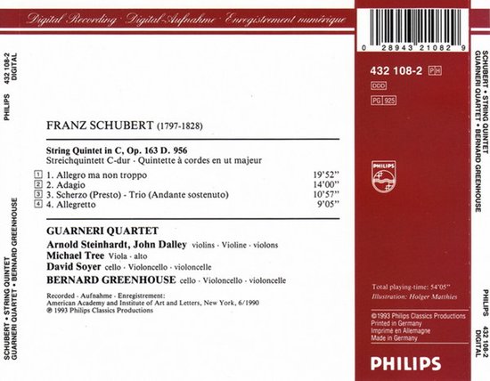 Cd-hoesje met op de achterkant tracklisting en details van Franz Schubert 'String Quintet in C'.