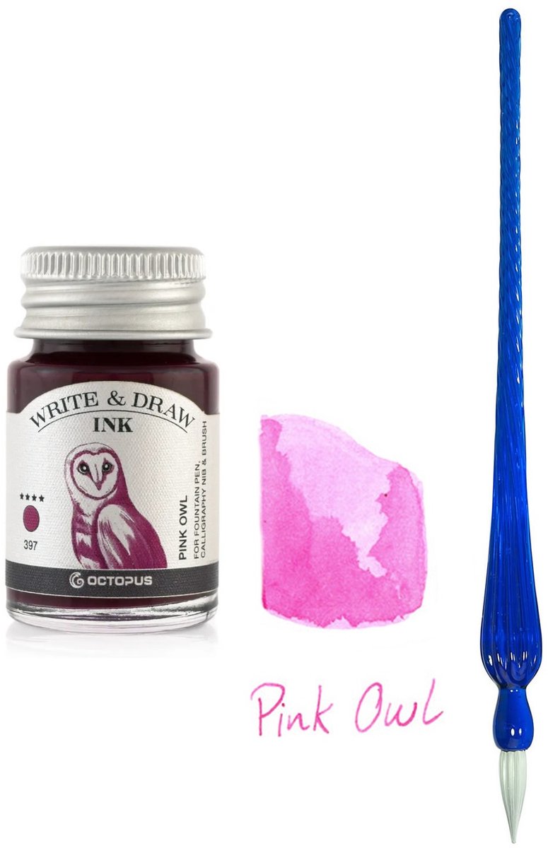 Glazen dip pen set in doosje - Blauw - Potje Octopus inkt pink owl