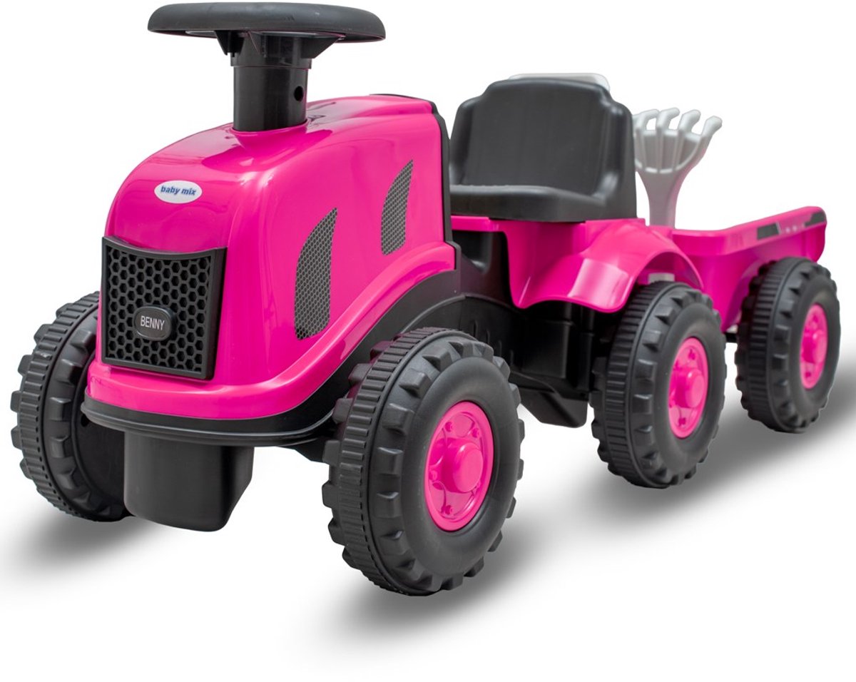 Baby Mix - Speelgoedvoertuig - Kindertractor met aanhanger roze kunststof 89x32x35,5 cm - Speelgoed - Boerderij - Kinderen - Buiten - Claxon - Tractor - Voertuig - Aanhanger