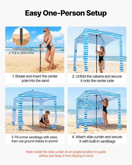 VEVOR Strandcabana 183 X 183 cm, Strandluifel met Zijwanden, Upf 50+ Zonbescherming, Strandpaviljoen met Zandzakken, Draagbare Parasol voor Familie En Vrienden, Blauwe Strepen van Vevor — afbeelding 5