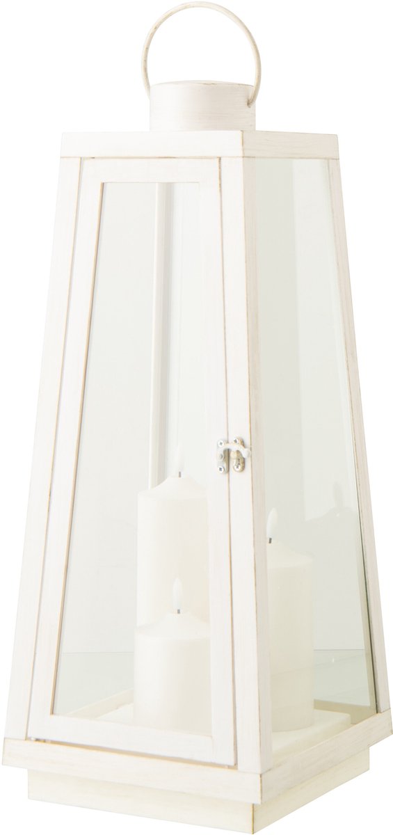 J-Line lantaarn + kaars - glas - wit - large - LED lichtjes