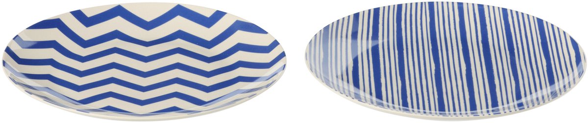 J-Line bord Dessert Gestreept - porselein - blauw/wit - small - set van 2