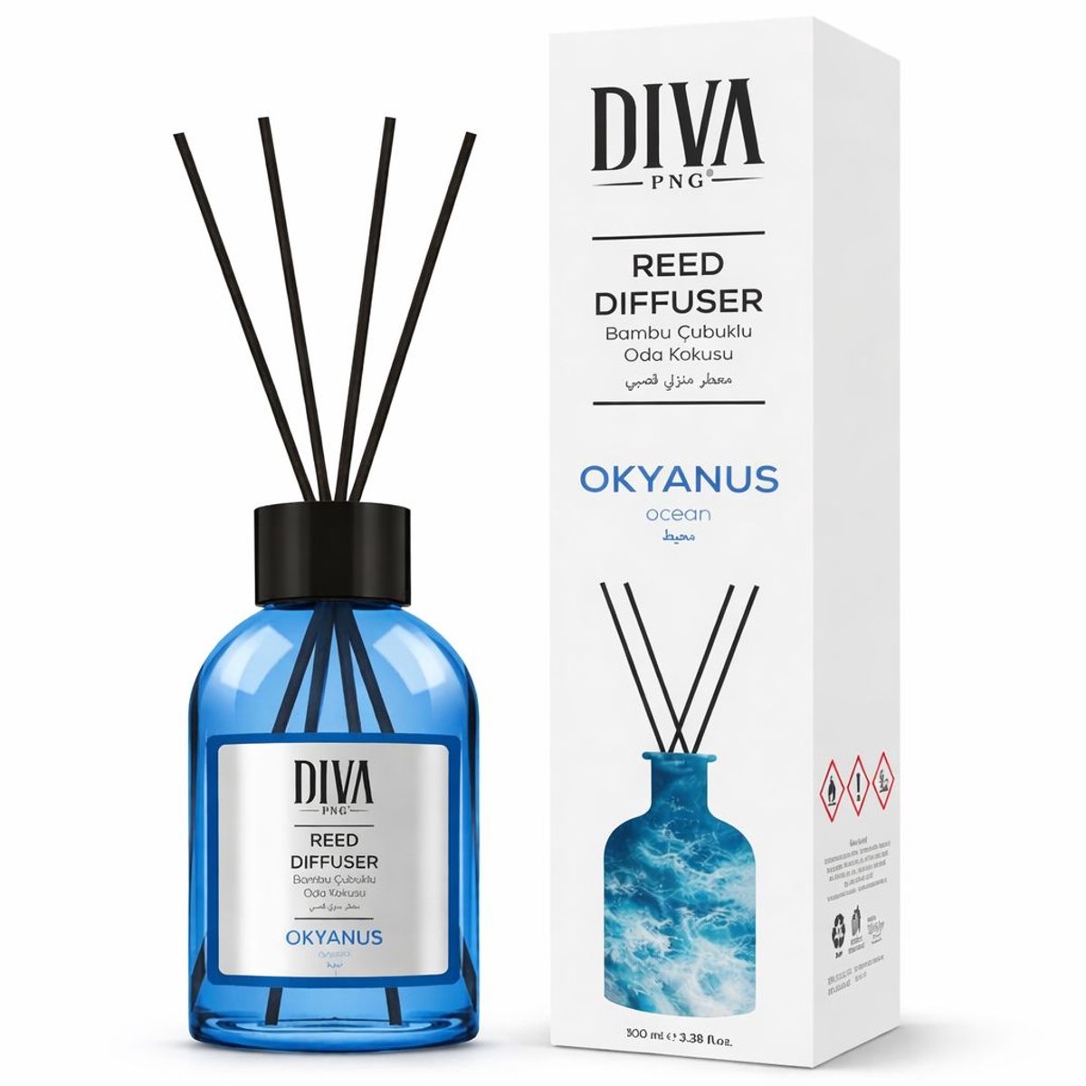 DIVA PNG Reed Diffuser Okyanus 100ml – Geurstokjes met Oceanparfum – Luxe Huisparfum met Bamboestokjes – Langdurige Geurverspreiding