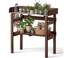 VEVOR Plantentafel, Tuintafel, Werktafel met Groot Houten Blad, Planken en Haken, Bloementafel, Buitentafel voor Het Oppotten van Planten, voor Terras, Tuin en Balkon, Bruin, 78x38x82cm