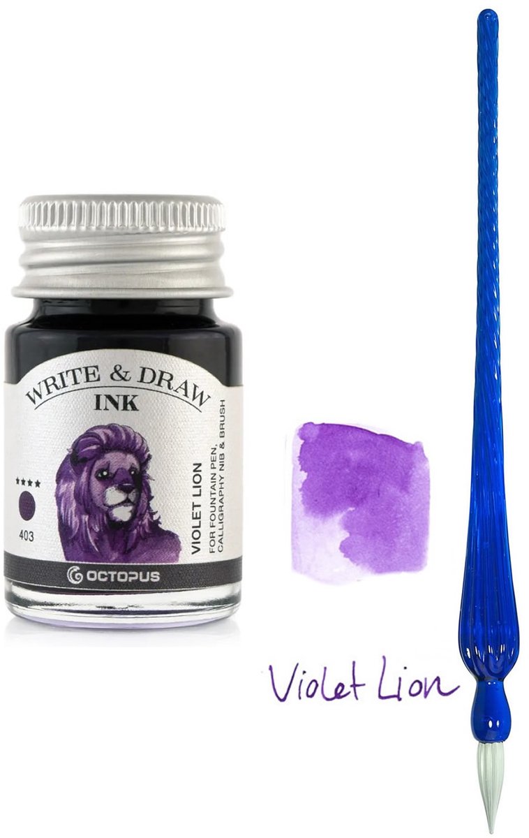 Glazen dip pen set in doosje - Blauw - Potje Octopus inkt violet lion
