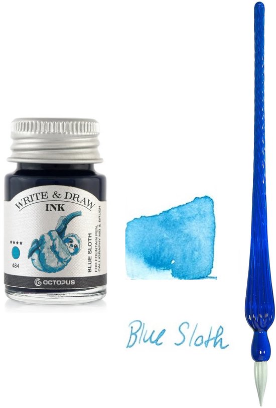 Octopus Inkt Glazen dip pen set in doosje - Blauw - Potje Octopus inkt blauw-blue ...
