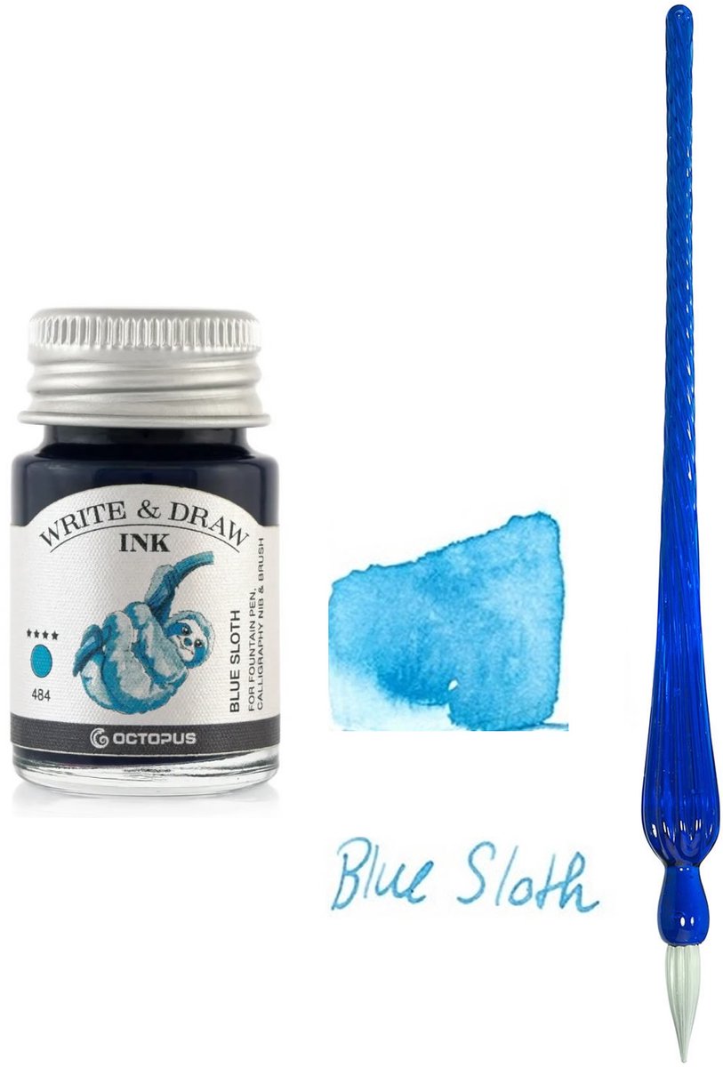 Glazen dip pen set in doosje - Blauw - Potje Octopus inkt blauw-blue sloth
