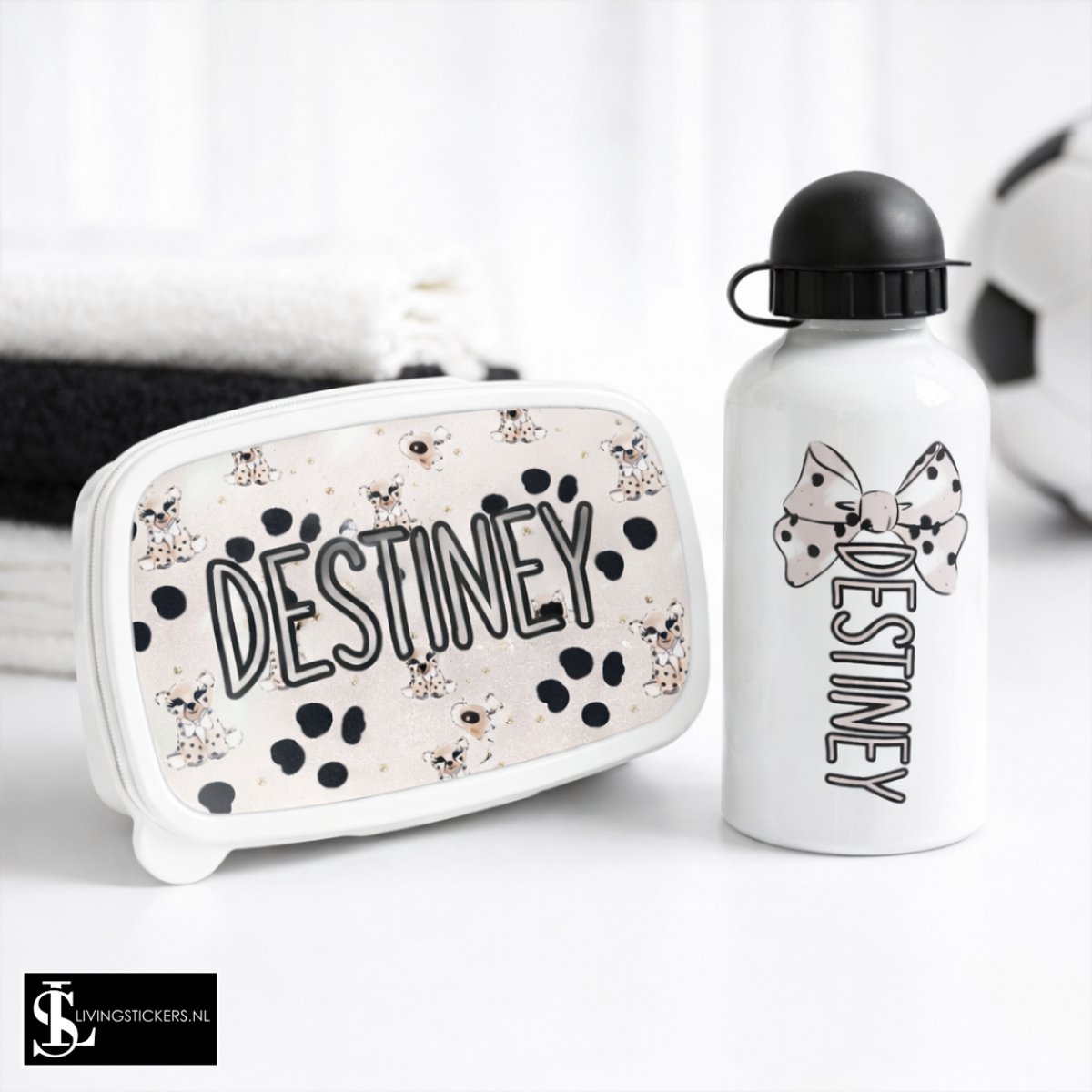 Livingstickers-Gepersonaliseerde Broodtrommel en Drinkfles met Naam – Strik Design – Kinder Lunch box Set – Inclusief Naam Bedrukking