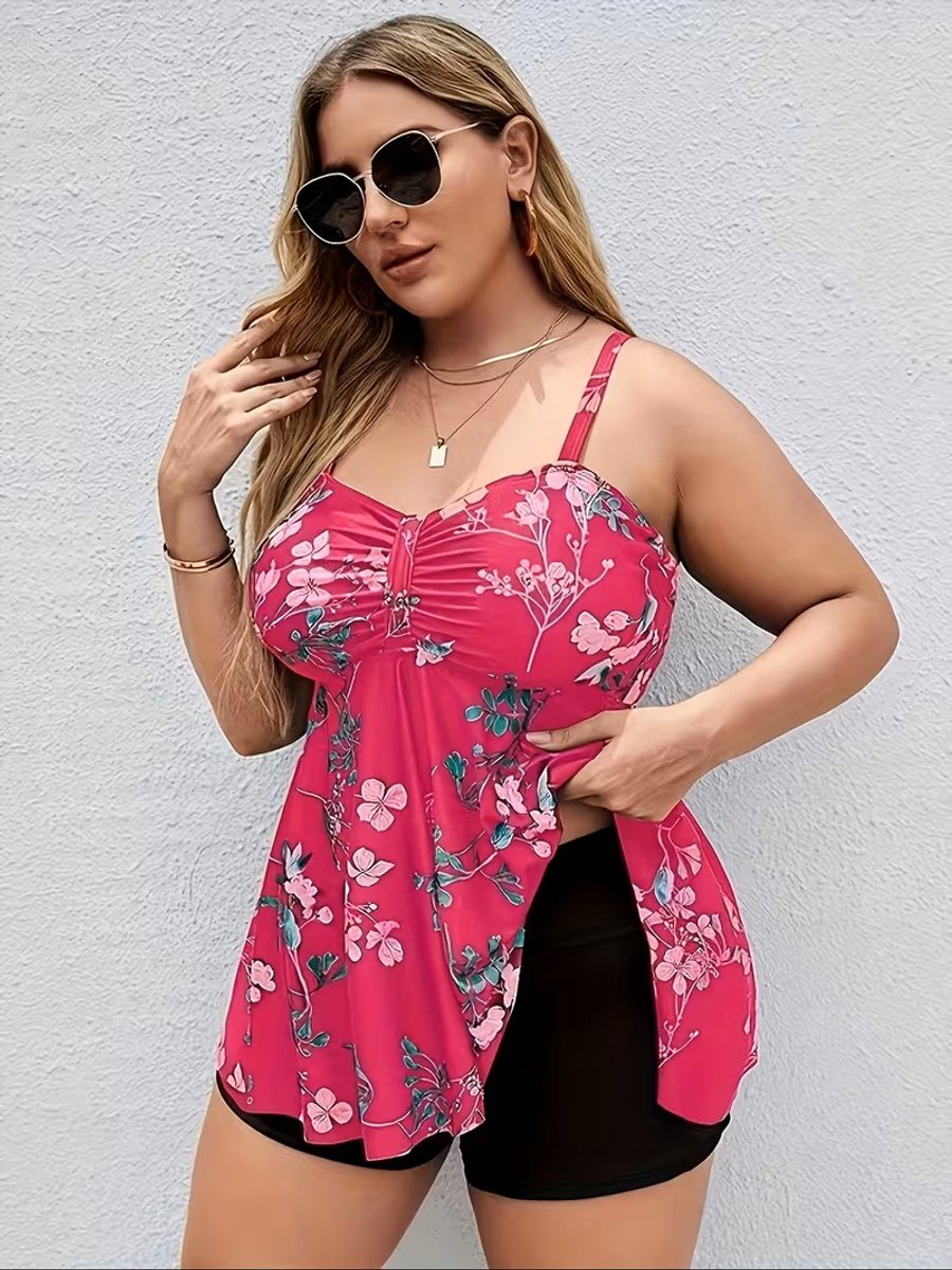 Tankini Set- Plus Size Halterbadpak met Bloemenprint & Tummy Control-Tweedelige Set met Shorts voor Curvy Dames-Bikini zwemkleding 854- Rood rose- Maat XXL