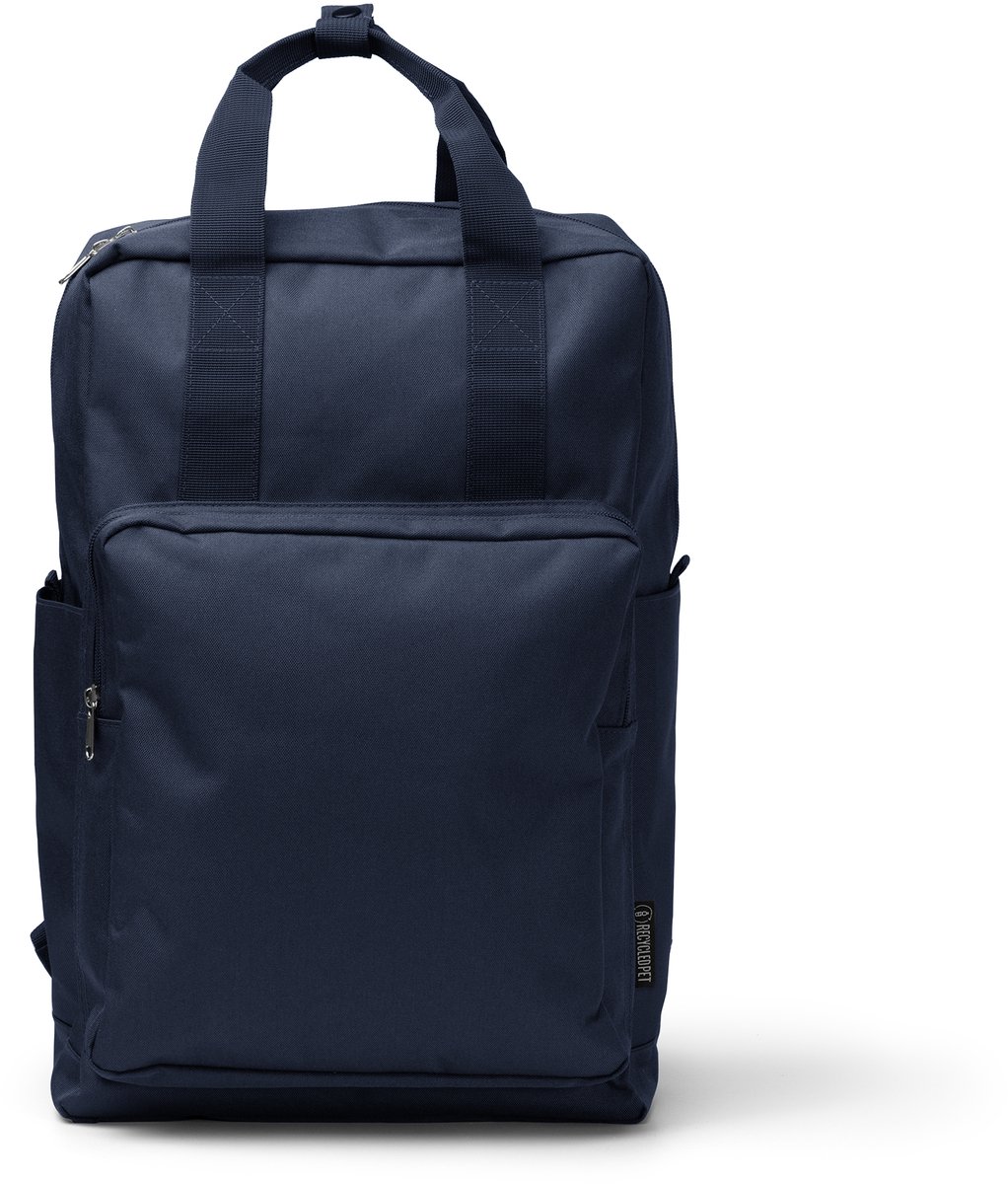 Donker blauwe rugzak gerecycled polyester hoofdvak met laptopvak, apart vak voorzijde en flesvak