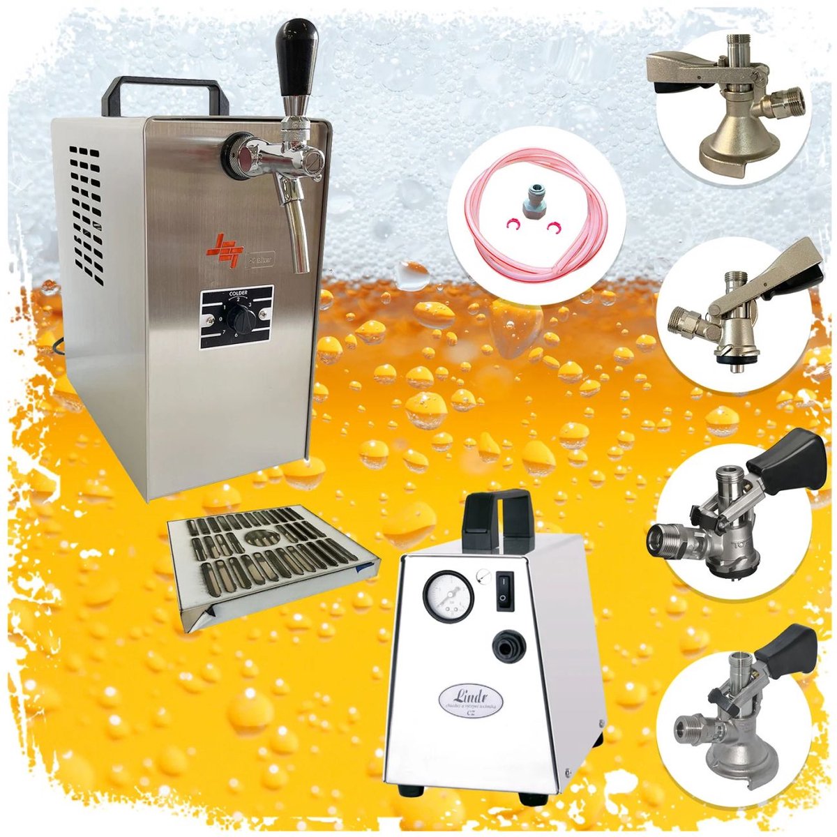Compleet set biertapinstallatie JET 30 bierkoffer doorstroomkoeler 1-lijn droge koeler tot 35 L/h met combi tapkop en VK15 compressor