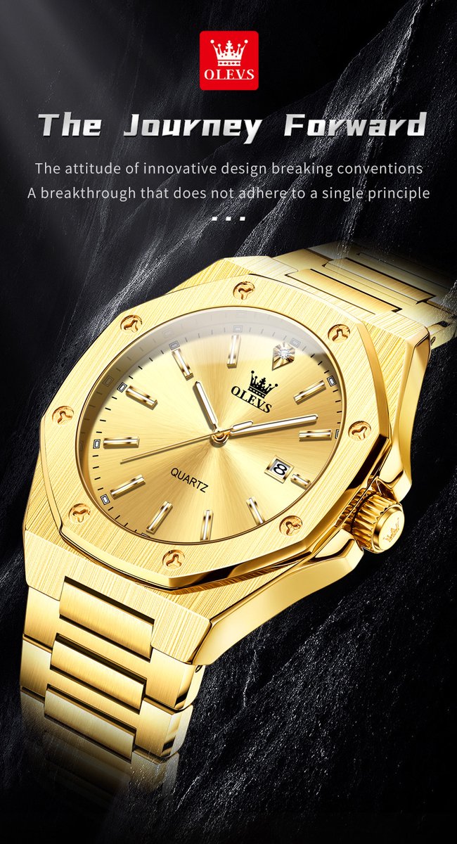 HO-3613.g : Olevs tijdloos 8 hoekig goudkl edelstaal horloge, mat, dagaanduiding