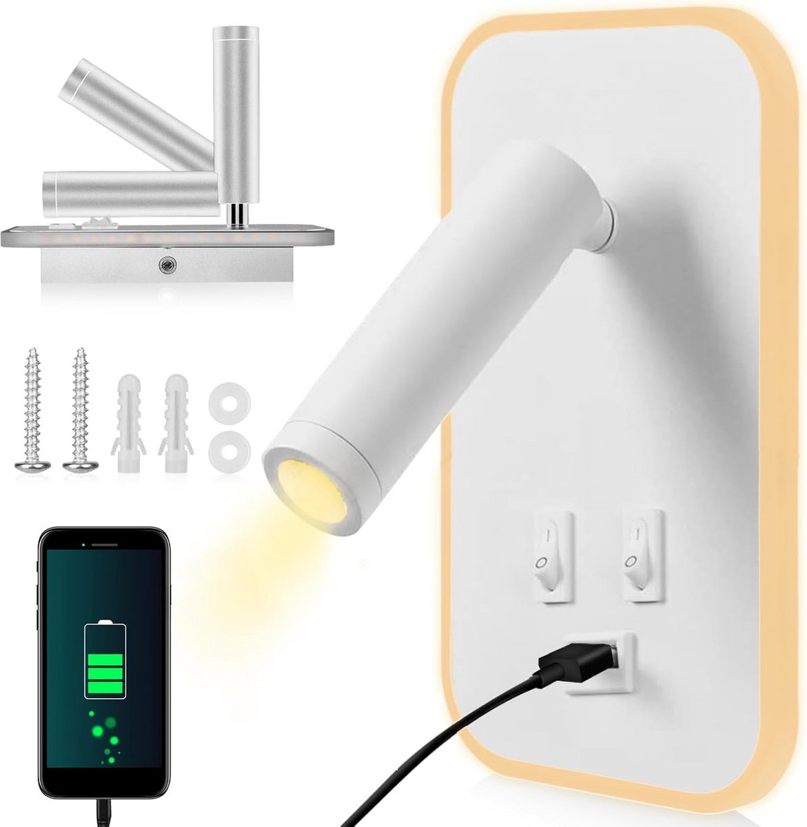 Moderne Led Wandlamp met Leeslamp en USB Opladen | Dimbaar Warm Wit Licht (3000K)