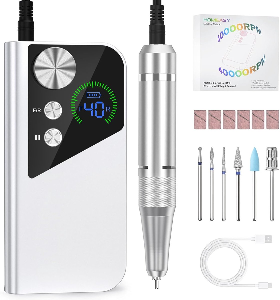Professionele Nagelfrees 40.000 RPM – Draadloos & Oplaadbaar – Elektrische Nagelvijl met LCD Display – Manicureset met 6 Bits – Voor Gel- en Acrylnagels – F/R Richting – Wit