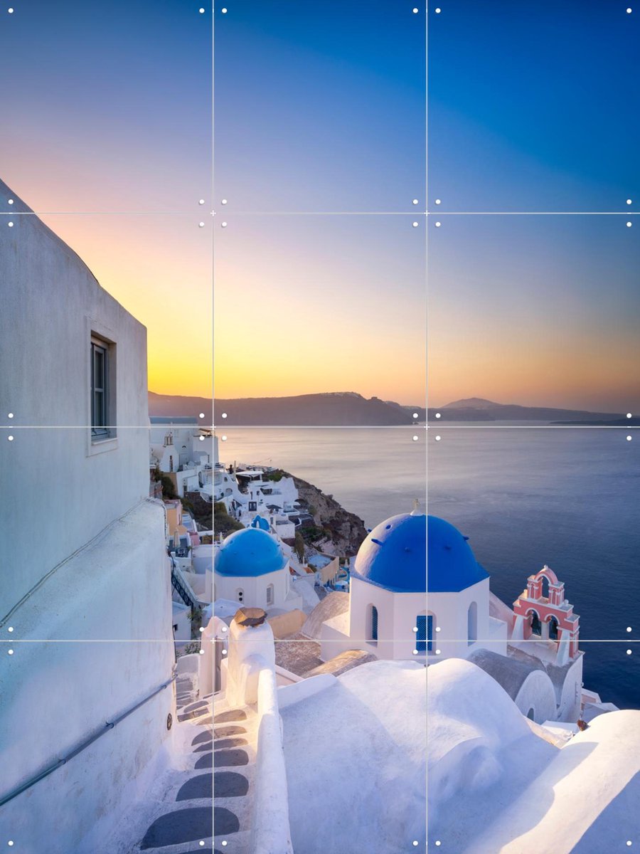 IXXI Sunrise over the blue rooftops in Oia, Santorini, Greece, Jan Becke - 60 x 80 cm - Gratis ophangtool - Grote wanddecoratie en posters -