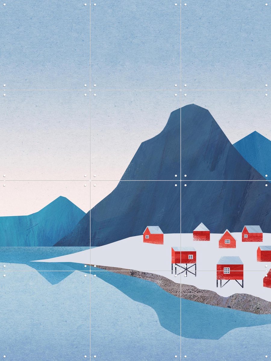 IXXI Red Houses - Lofoten, Henry Rivers - 60 x 80 cm - Gratis ophangtool - Grote wanddecoratie en posters - Geometrische Kunst, Minimalisme