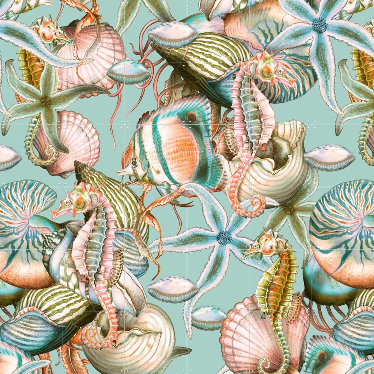 IXXI Just keep swimming Sealife soft Tones, Marylène Madou - 120 x 120 cm - Gratis ophangtool - Grote wanddecoratie en posters - Aquarel, Kleurrijk